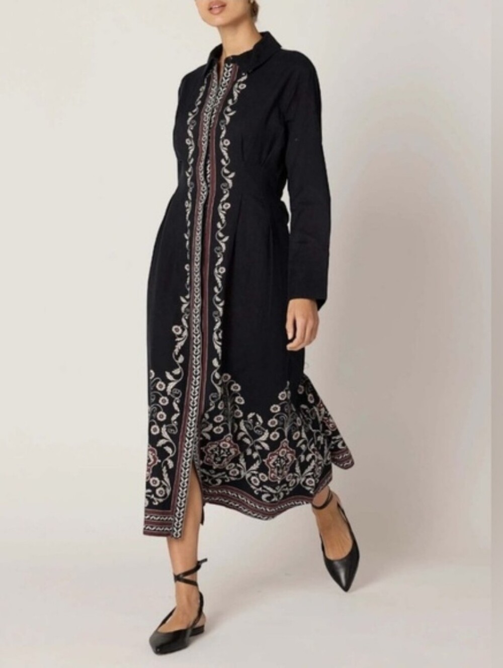 CLEOBELLA Mirella Black Print Long Sleeve Cotton Linen Midi Dress NWT Sz Small